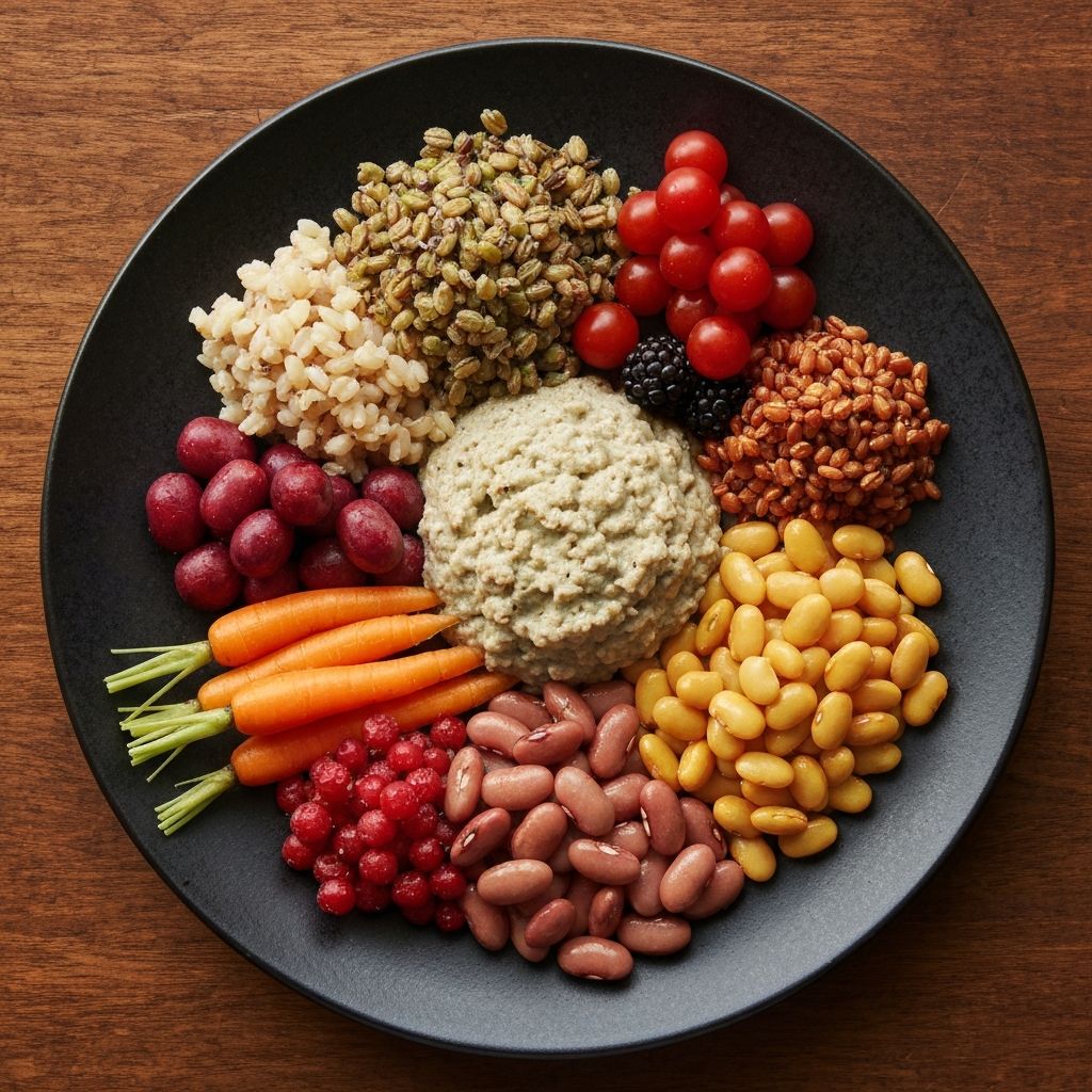 A diverse plate of colorful whole foods, vibrant vegetables, grains, fruits and legumes demonstrating nutritional variety